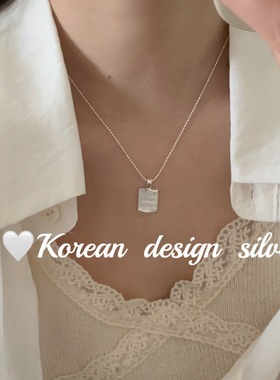 韩版2025年秋冬ins新款 S925纯银拉丝方形英文蓝锆石圆珠项链叠戴