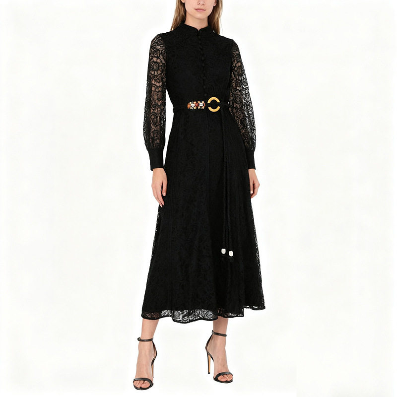 Elegant Red Lace A Line Dress Long Sleeve Waist Defined Spring Fashion Perfect for Office Wear Wholesale Available