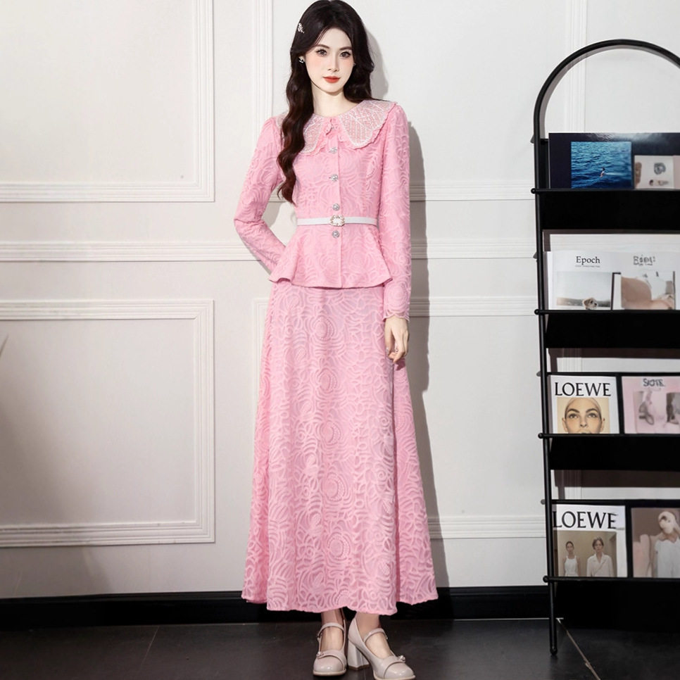 French Style Elegant Womens Two Piece Set Embroidered Beaded Doll Collar Waist Tie Long Sleeve Top High Waist Skirt