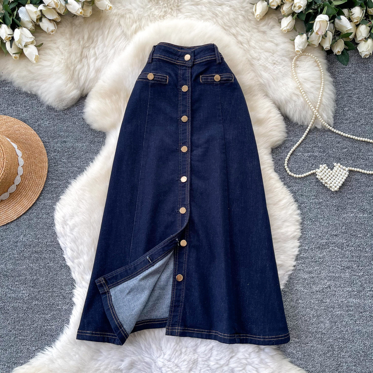 High Waisted A Line Denim Skirt Multi Button Design Side Slit Slim Fit Summer Casual Wear Wholesale Available