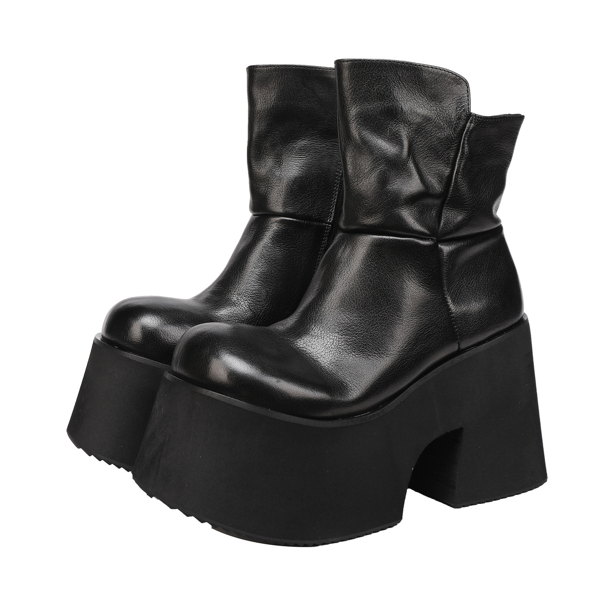 Boot nữ cổ thấp da bò thật đế dày tăng chiều cao, mũi tròn phối khóa kéo bên hông — màu đen, màu đỏ