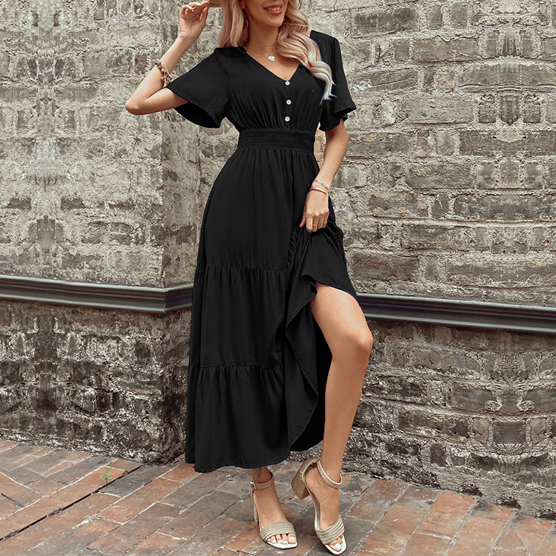 Elegant Summer V Neck Ruffled Hem Dress Slim Fit Solid Color Versatile Style Perfect for Casual or Formal Occasions