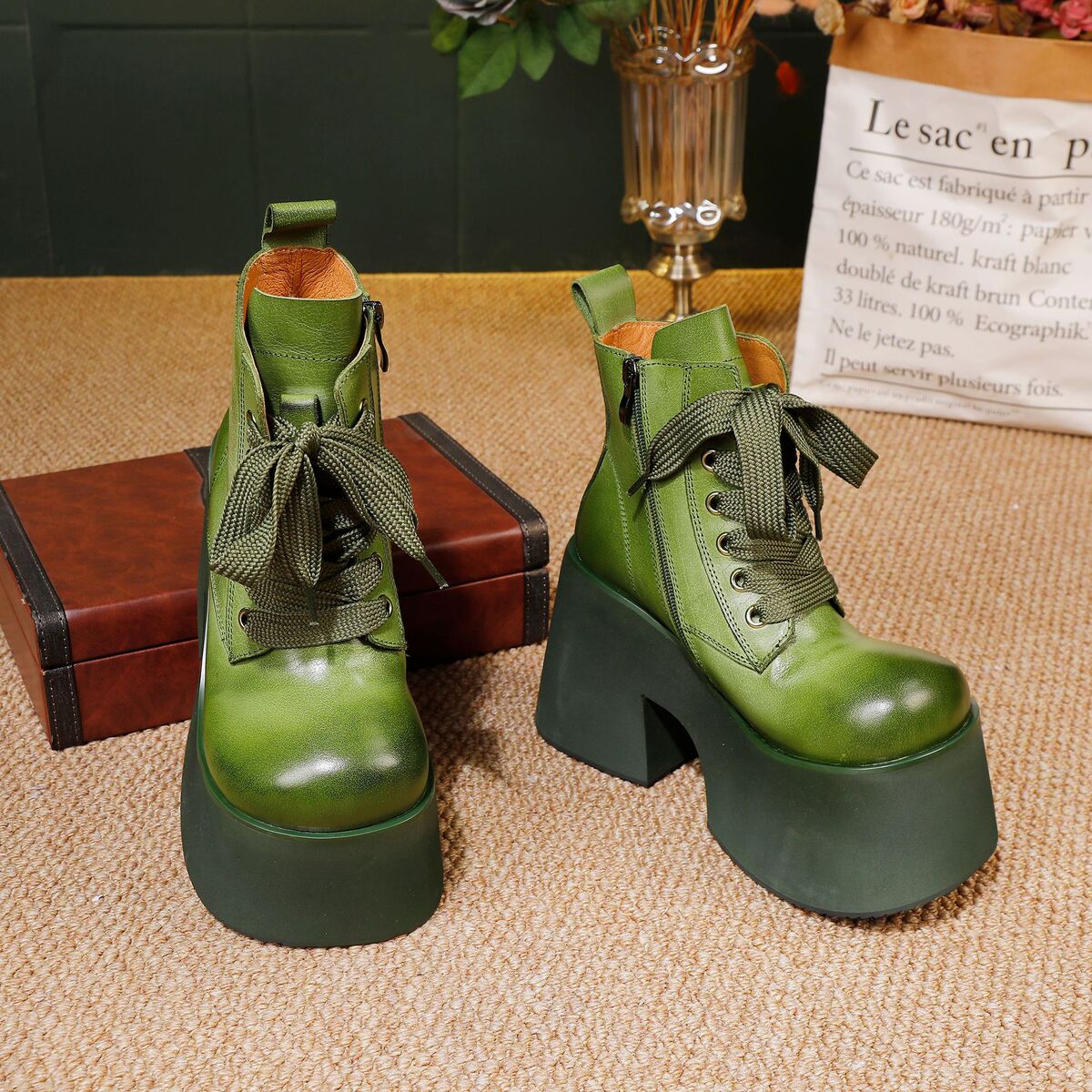 Boot Martin nữ cổ ngắn da bò thật đế dày dây buộc — màu đen, màu xanh lá cây