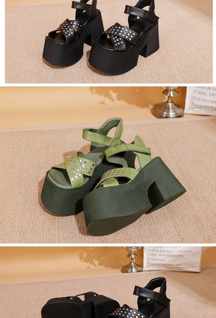 Sandal nữ da bò thật gót siêu cao đế dày kiểu La Mã đính đinh tán — Màu đen, Màu xanh lá