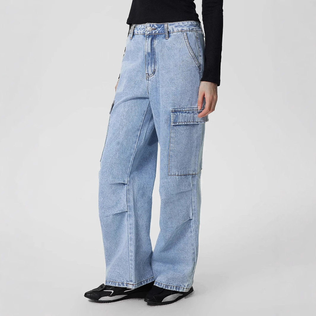 Womens Casual High Waisted Denim Trousers Slim Fit Large Pockets European and American Style Perfect for Everyday