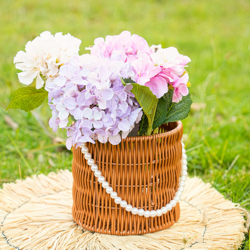 Pp Rattan Hand Basket Pearl Handle Bag Wedding Decoration Flower Basket Woven Gift Box Decorative Basket Storage Basket