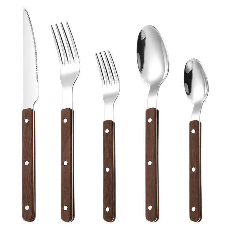 Thickened Stainless Steel Western Food Rivet Clamp Handle Knife and Fork Spoon Imitation Wood Handle French Steak Knife Five Main Parts suit
