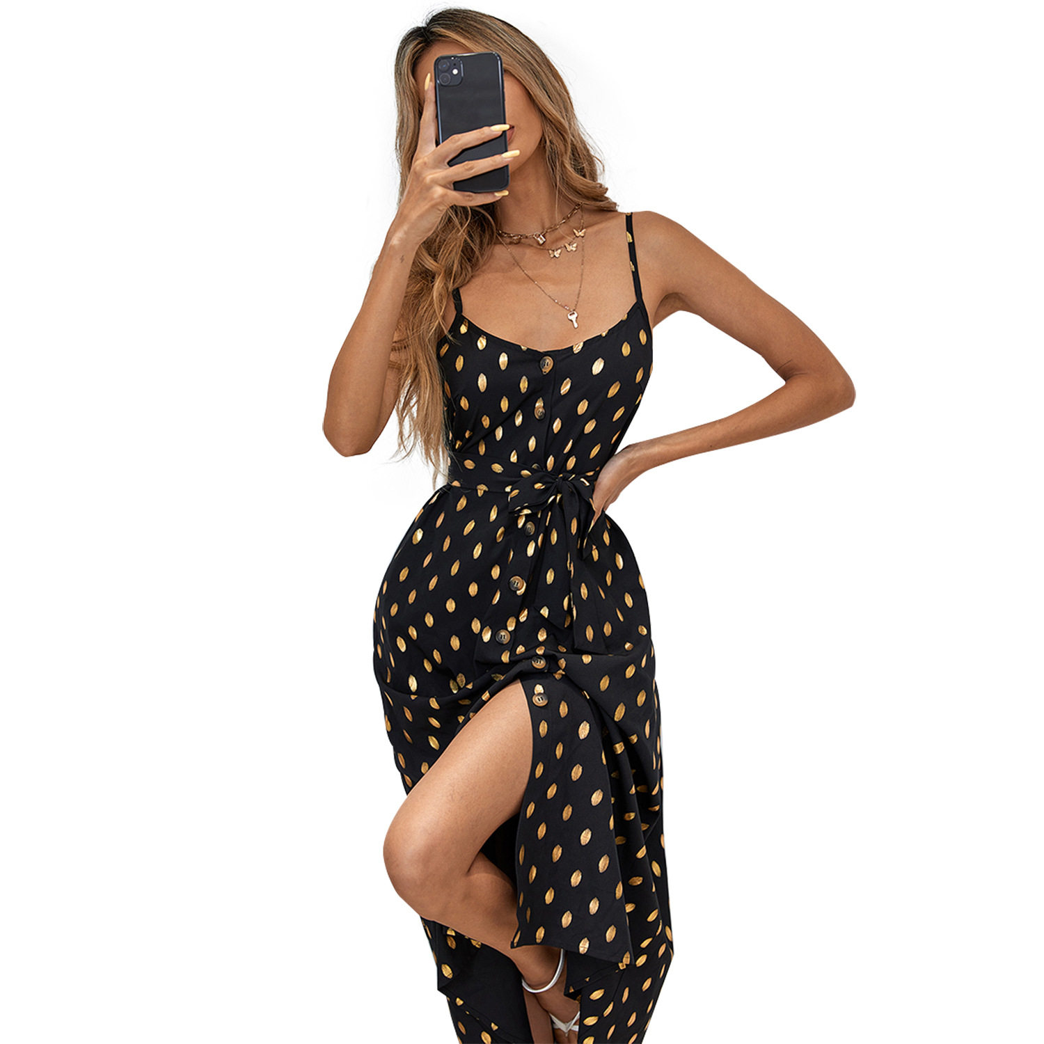 Sleeveless Polka Dot Chiffon Dress Sexy Split Design Fashionable Style Perfect for Parties and Summer Events