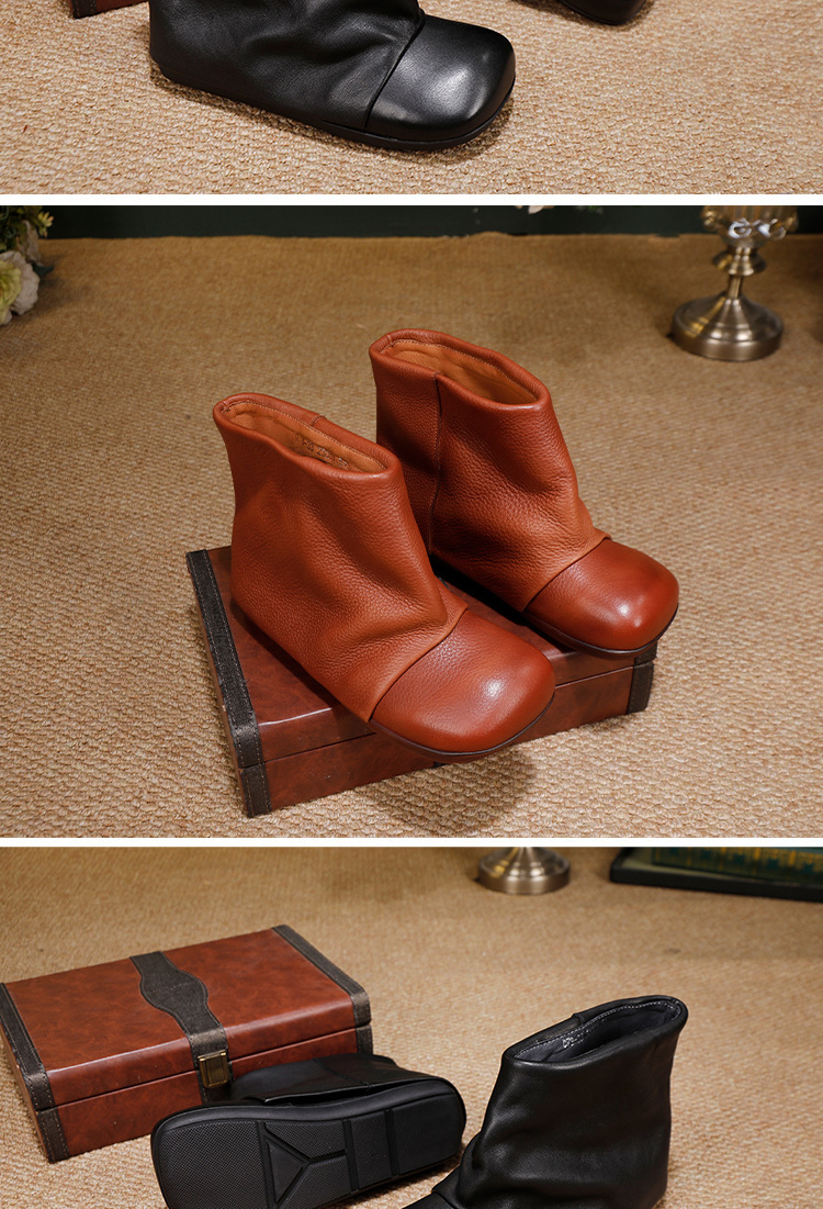 Boot nữ cổ ngắn da bò thật đế bằng mũi tròn phong cách cổ điển — màu đen, Màu nâu
