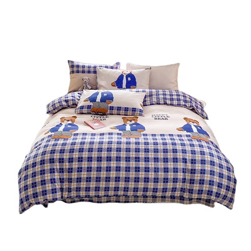 Cartoon Washed Cotton Bedding Four-Piece Set Bed Bed Sheets Quilt Cover Ins Small Fresh Student Dormitory Single Three-Piece Set