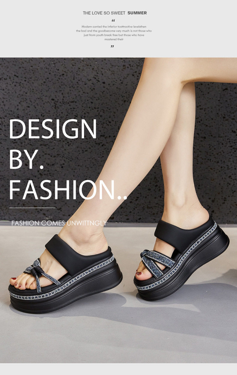 Dép sandal nữ đế dày platform phong cách La Mã, mũi tròn, quai chữ V đơn giản — Đen, Len nguyên chất chi tiết 9