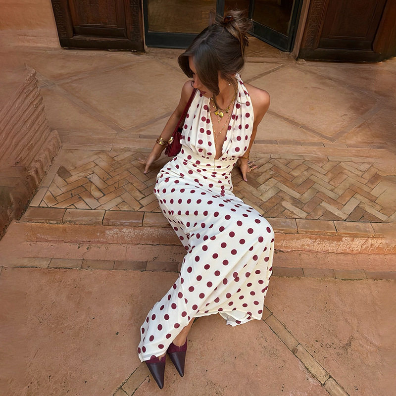 Summer Womens Dress Fashionable Polka Dot Print Sexy Halter Neck Backless Bodycon Maxi Perfect for Parties