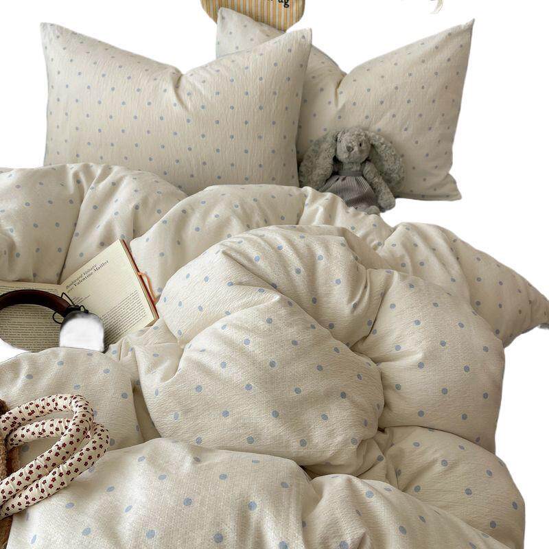 Milk Blue Polka Dot Type a Cloud-Like Double-Layer Yarn Bedding Four-Piece Set Quilt Cover Bed Sheetss Student Dormitory Three-Piece Set