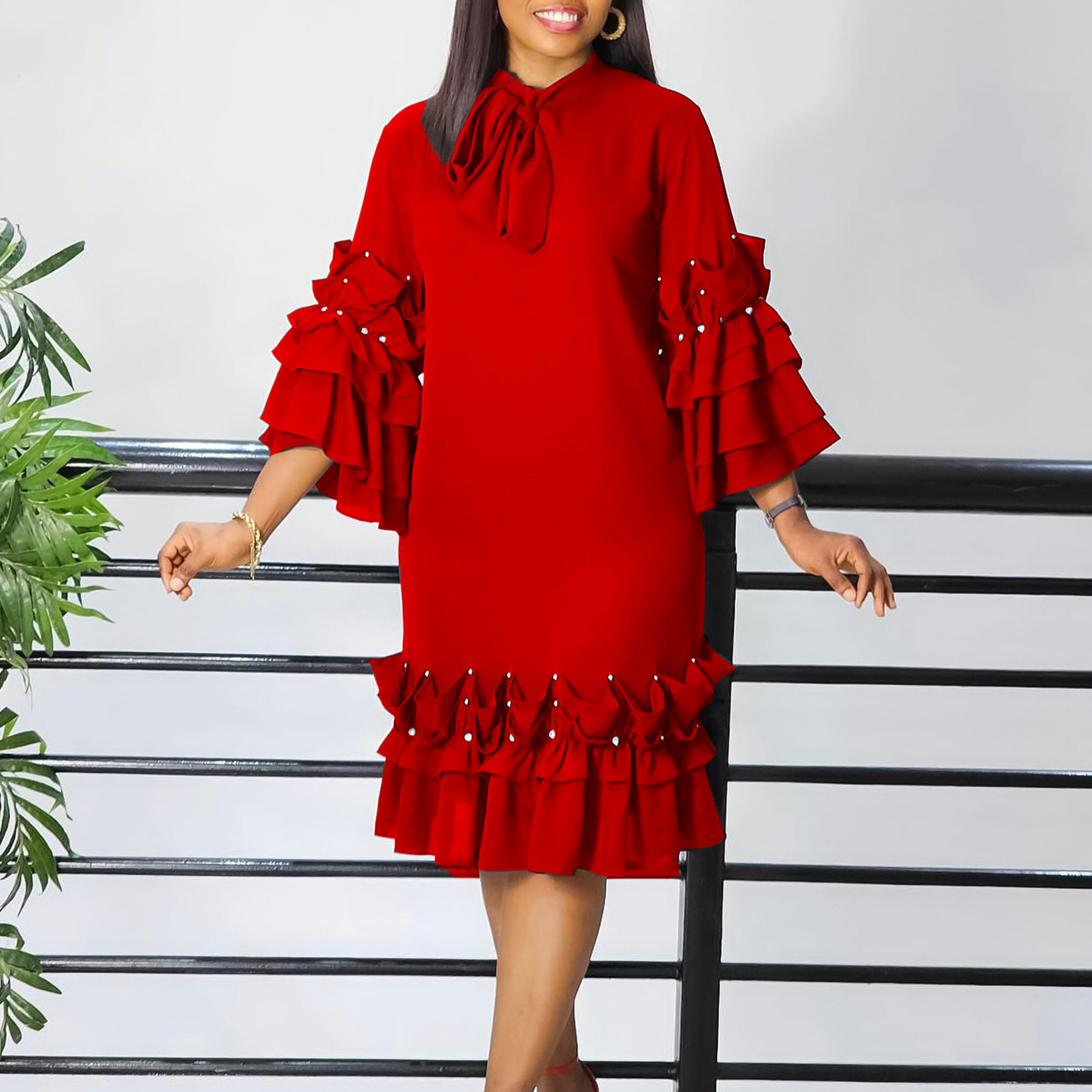 Elegant Layered Ruffle Bell Sleeve Dress Fashionable Loose Fit Tie Detail Perfect for Casual or Formal Occasions