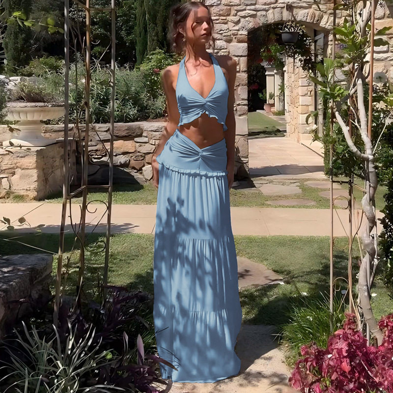 欧美女装时尚夏季新款性感V领木耳边挂脖吊带细节扭结长裙套装女