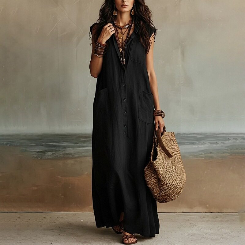 Loose Fit Button Up Long Dress Solid Color French Style Casual Vacation Wear Available for Wholesale