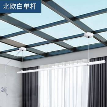 Manual Clothes Drying Rack with Adjustable Height for Balcony, Single Rod Household Clothes Drying Rod, Automatic Top-Mounted Manual Clothes Drying Rack