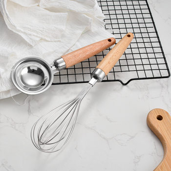 Wooden Handle Egg Beater Flour Stirring Bar Cream Beater Household Stainless Steel Egg Egg Separator with Colander