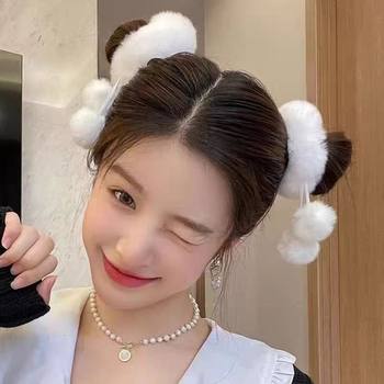 Cute Soft Girl Fur Ball Hair Band Super Sweet Girl Double Ponytail Hair Rope Ball Head Autumn and Winter Versatile Headband Hair Accessories