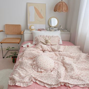 Korean style pink floral ins Princess pastoral style pure cotton double-layer yarn children's kindergarten student single three-piece set