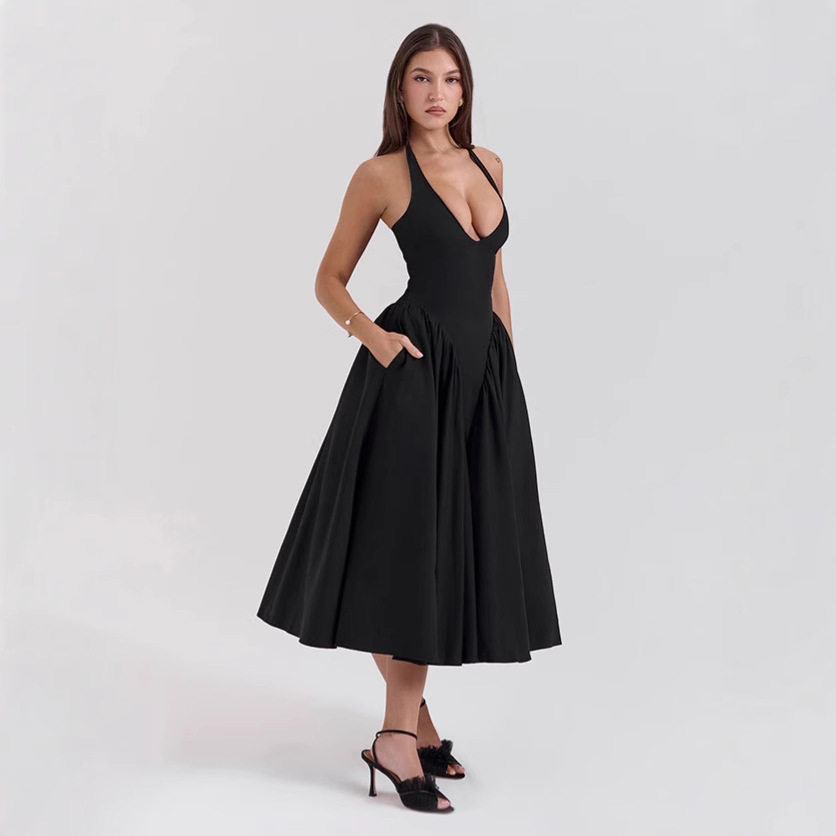 Deep V Neck Halter Backless Dress Slim Fit Elegant Style High Quality Fabric Perfect for Evening Events OEM