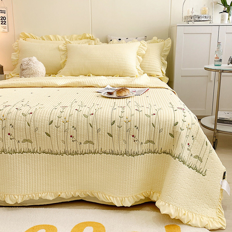 Korean Ins Blogger's Same Chiffon Summer Quilt Set Quilted Girly Heart Washed Cotton Ruffled Double Bed Cover