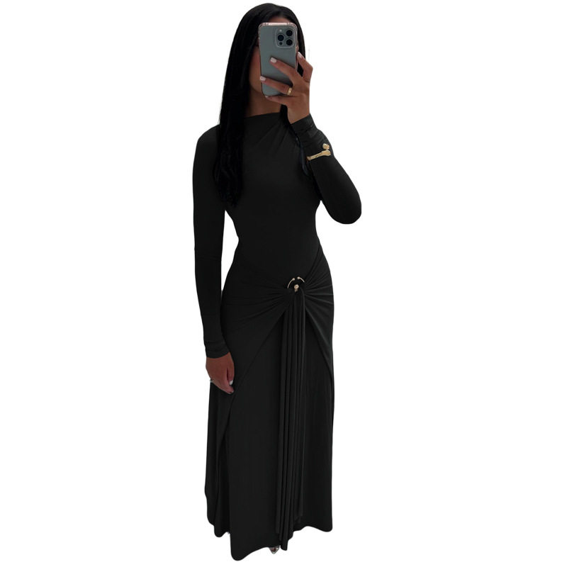 Elegant Long Sleeve Solid Color Maxi Dress with Decorative Ring and Tie Detail for Women Autumn Collection Wholesale Available
