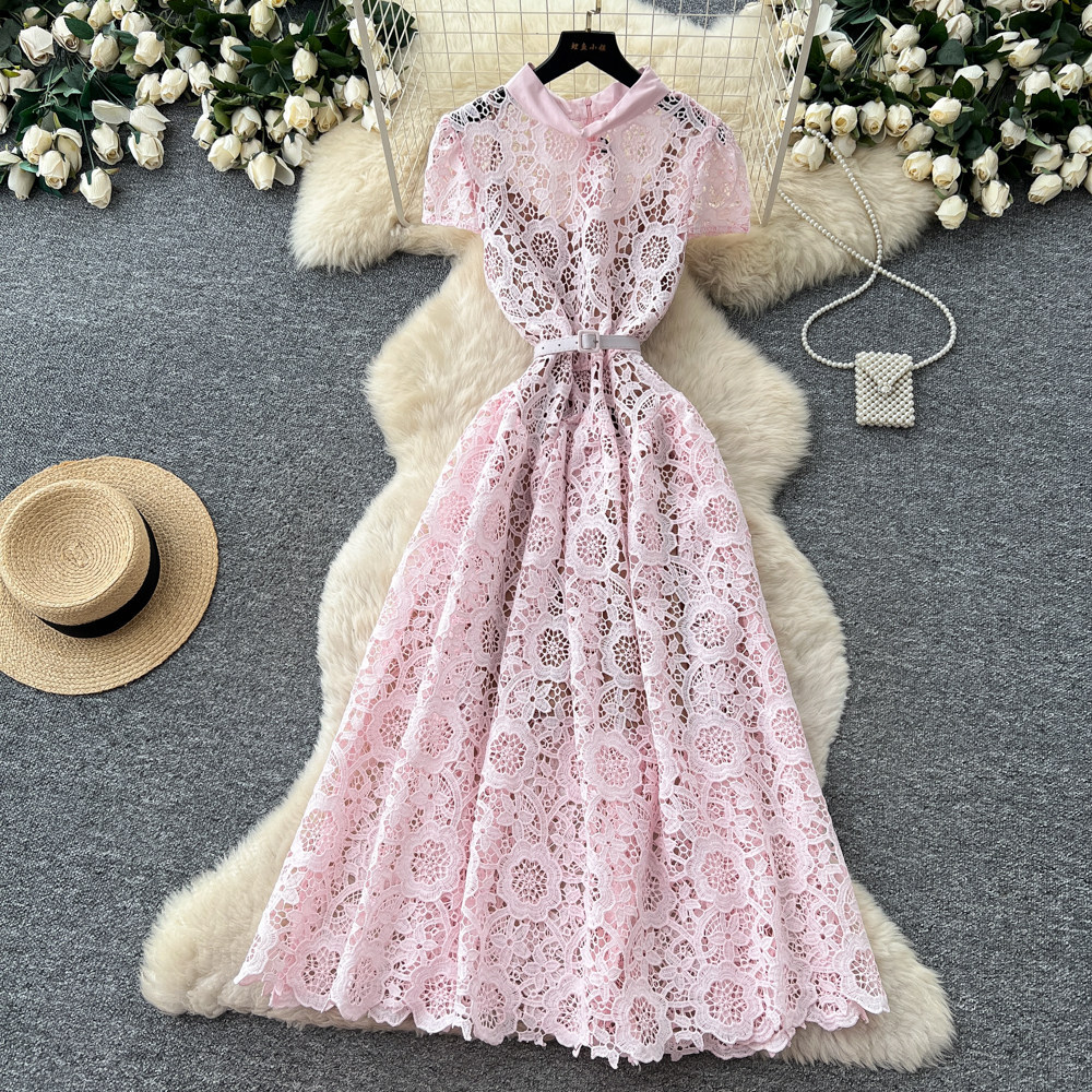Lace Hollow Out A Line Dress Sweet Design High Waist Elegant Style Summer Office Wear for Women Wholesale Available