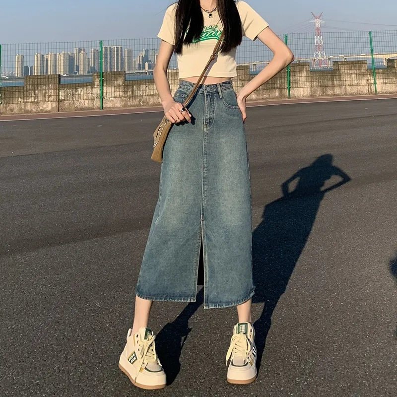 High Waisted Slim Fit Midi Denim Skirt Versatile Bodycon Side Slit Spring Summer Fashion Wholesale Available