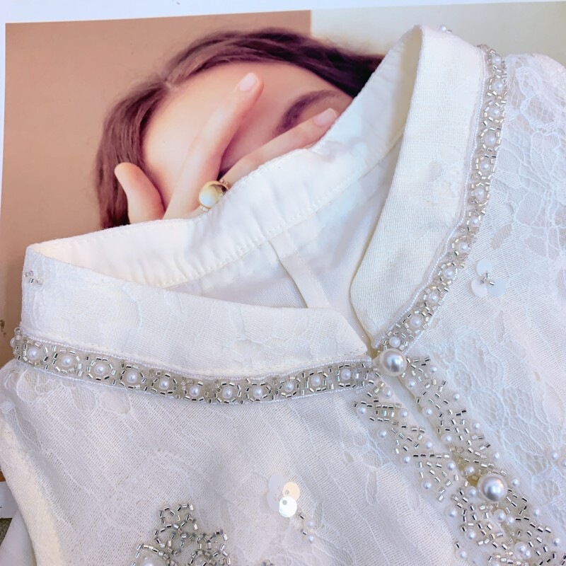 Đầm suông nữ thêu thủ công trễ vai tay phồng dáng dài — Màu nâu kaki - Chất lượng cao, Trắng cực quang, Xanh tuyết núi
