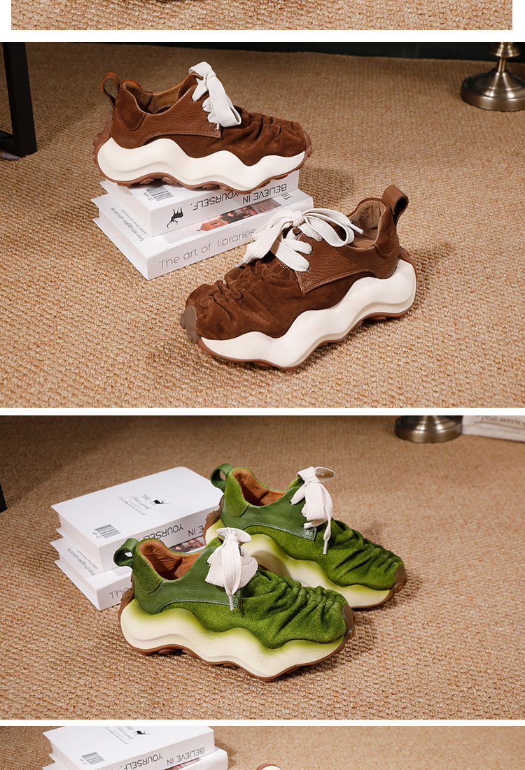 Giày sneaker nữ da bò thật đế dày phong cách thể thao dây buộc — màu nâu, màu xanh lá cây
