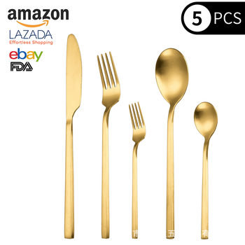 Cross-Border Thickeneded 430 Stainless Steel Square Handle Tableware Steak Main Table Knife, Fork and Spoon Five-Piece Hotel Western Tableware Set