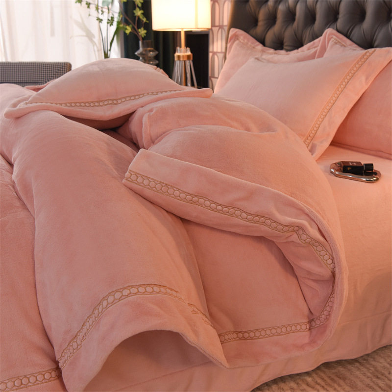 Winter A-Grade Maternal and Infant-Grade High-Precision Milk Velvet Four-Piece Set with High Weight Solid Color Embroidered Duvet Cover, Bed Sheet, and Fitted Sheet