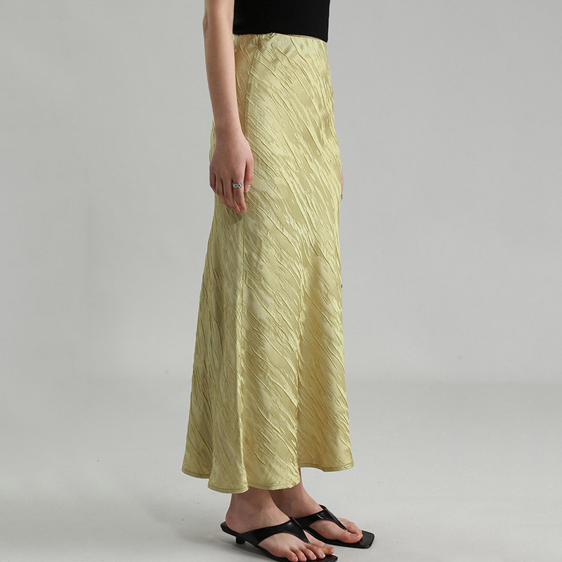 Chân váy nữ dáng chữ A dài vừa cạp cao vải acetate dệt hoa mềm mại — Màu trắng, Mù tạt vàng xanh lục