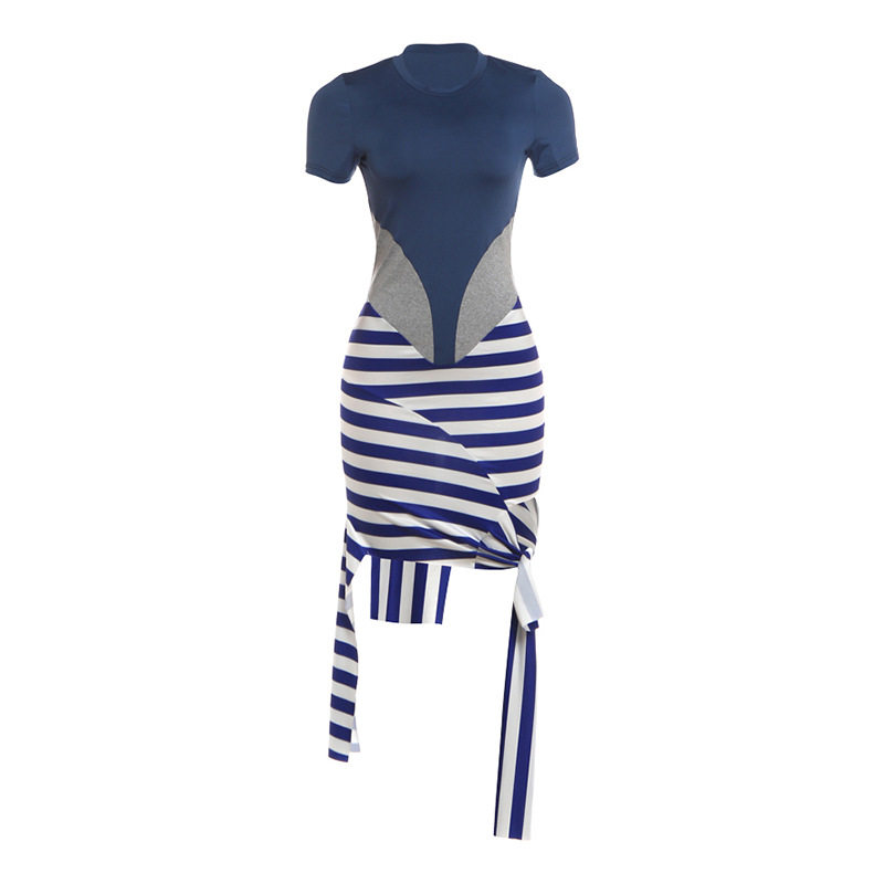 Summer Womens Dress Fashionable Striped Irregular Design Color Block Bodycon Style Wholesale Available