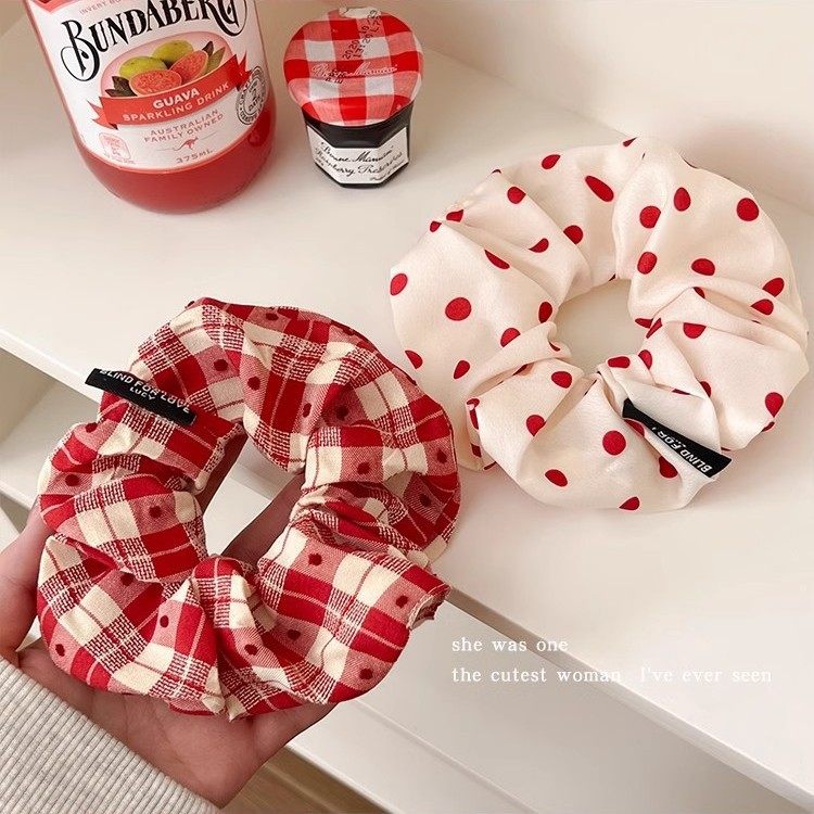 Red wave dot large intestine hair ring female ball head tie hair rope low ponytail rubber band 2024 new headwear autumn and winter