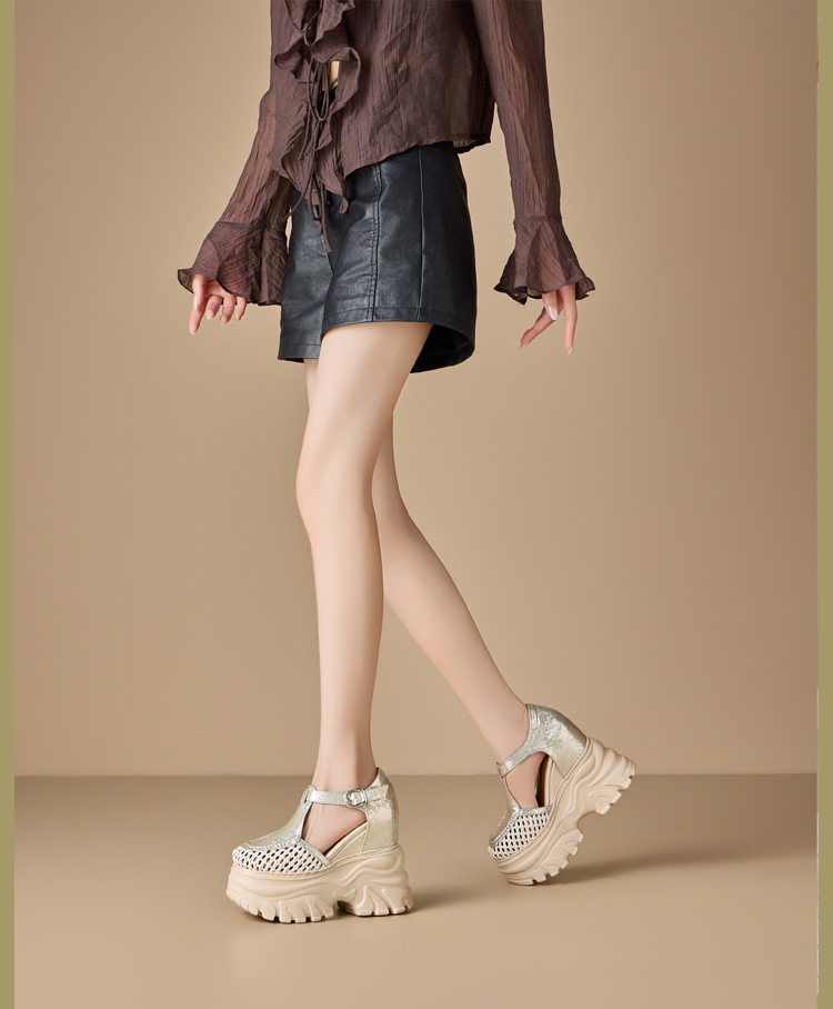 Sandal cao gót nữ đế xuồng 14cm dệt lưới mũi tròn hở mũi — [Trắng kem], [Đen], [Vàng nhạt] chi tiết 1