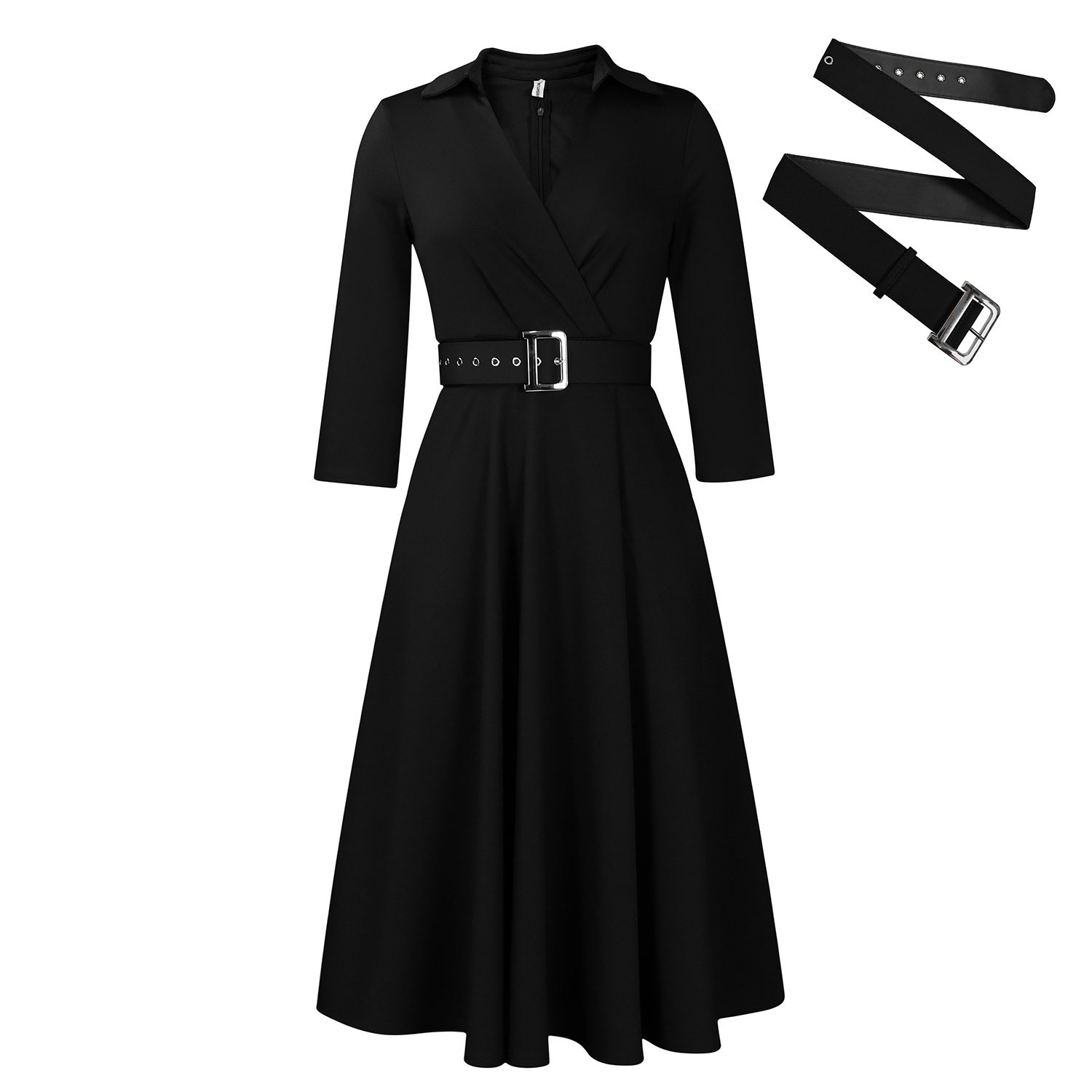Plus Size Womens Dress Autumn Collection Stylish Lapel Design Solid Color Flared Skirt Wholesale Availability