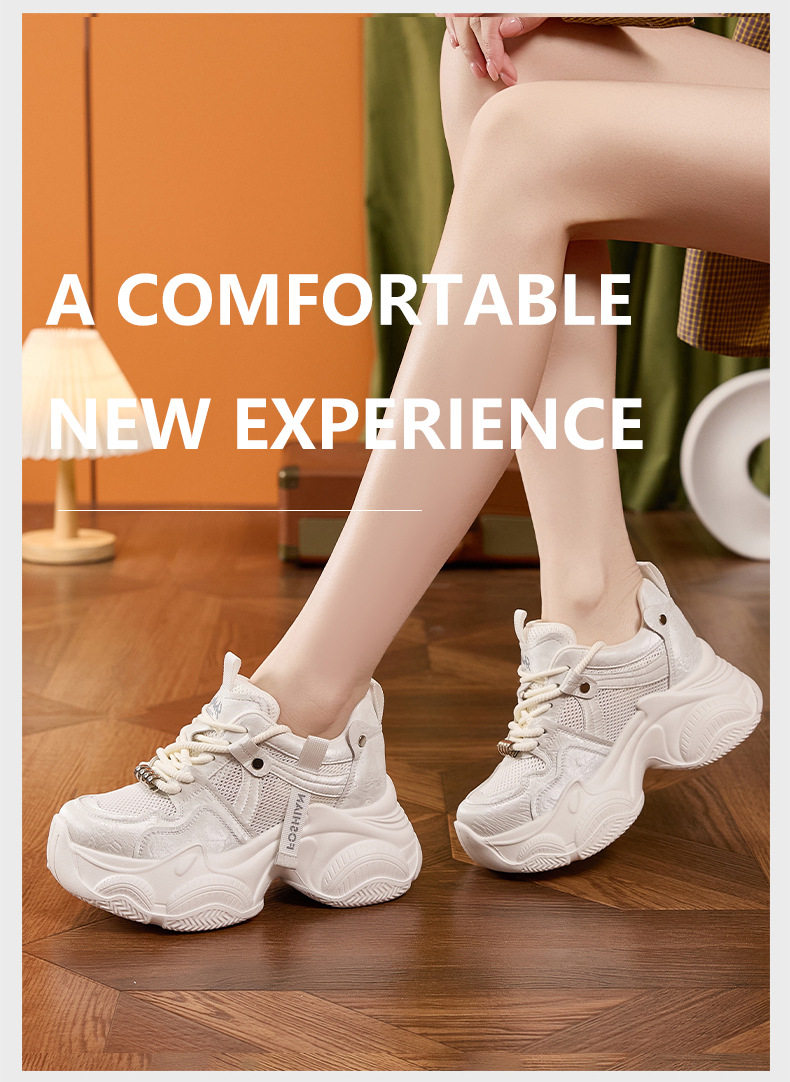 Giày sneaker nữ đế dày chunky lưới thoáng khí gót siêu cao 8 cm — Xám hồng, Len nguyên chất chi tiết 10