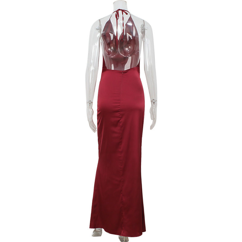 Backless Satin Midi Dress Deep V Neck Halter Neck Slim Fit Elegant Wine Red Cocktail Party Evening Wear