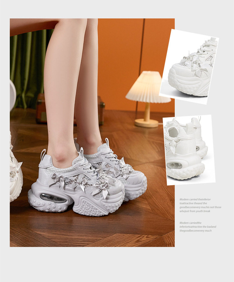 Giày cao gót nữ đế xuồng platform lưới thoáng khí, gót siêu cao 8cm, mũi tròn, dây buộc — Bạc, Trắng chi tiết 3