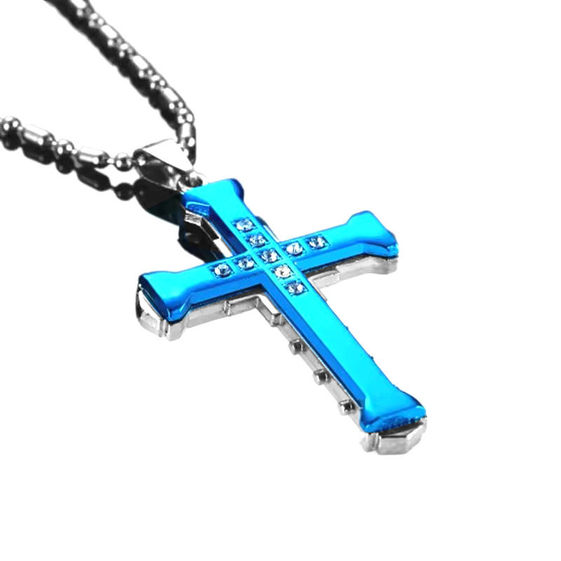 European and American Retro Punk Style Multi-Color Multi-Diamond Cross Necklace Hip-Hop Men's Pendant Trendy Men's Accessories Manufacturer Wholesale