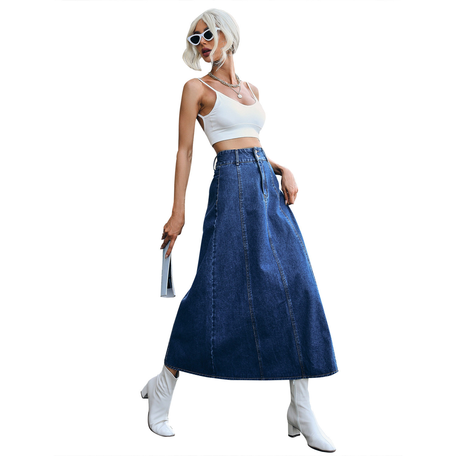 High Waisted A Line Denim Skirt Loose Fit Mid Length Fashionable Design Casual Wear for Women Wholesale Available