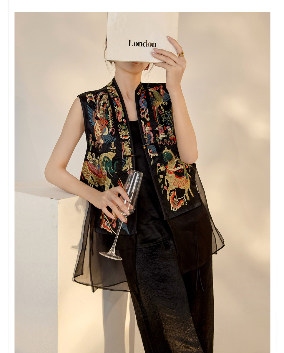 Áo vest nữ dáng gile thêu hoa cổ chữ V phối lưới — Xuân Mộ Đen (cấp ngày hôm nay), Xuân Mộ Đen (giao hàng trong 7 ngày)