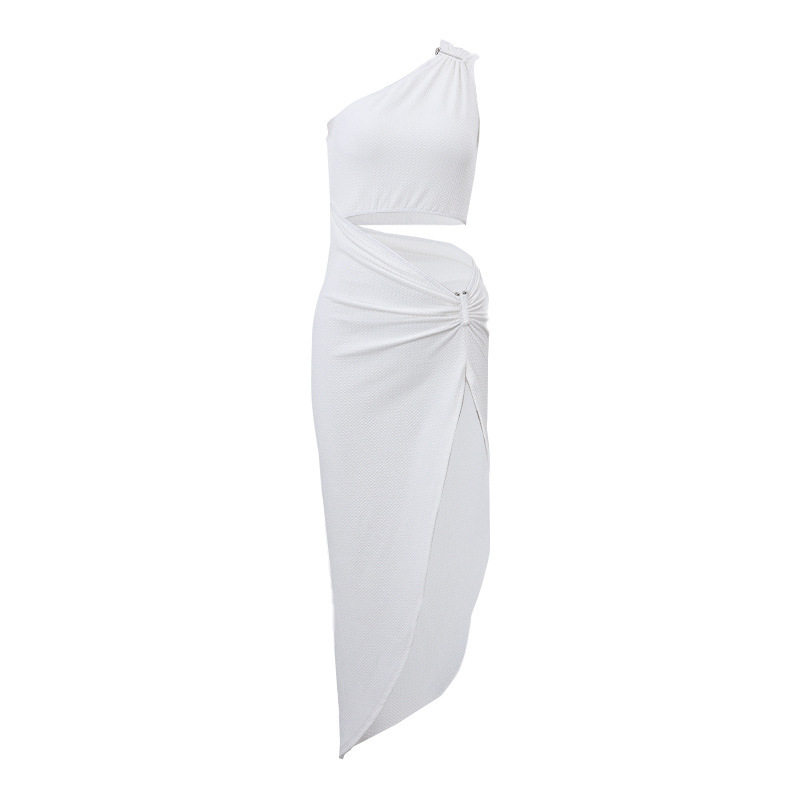 Sexy Hollow Out High Waist Slit Dress Asymmetrical Shoulder Bodycon Fit Autumn Fashion Perfect for Parties and Night