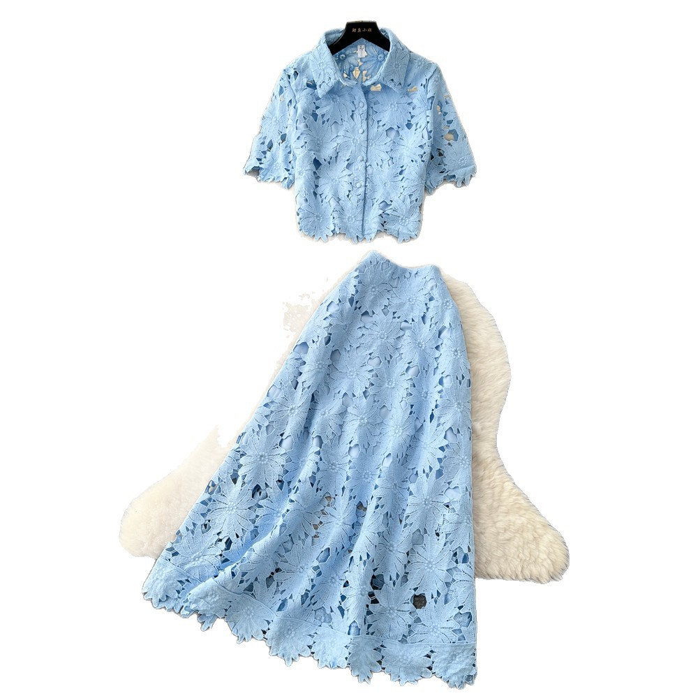 French Style Elegant Hollow Lace Two Piece Set Short Sleeve High Waist Fashionable for Spring and Autumn Wholesale