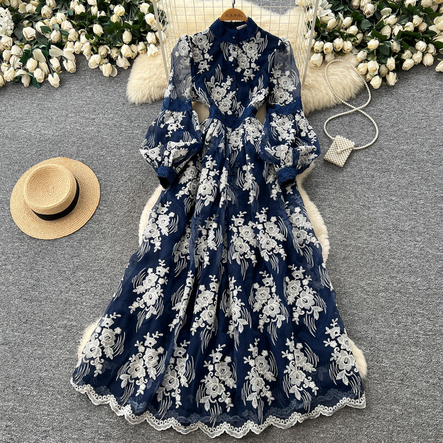 French Court Style Embroidered Lace Dress Puff Sleeves High Neck Waist Tie Elegant Long Dress for Autumn Wholesale