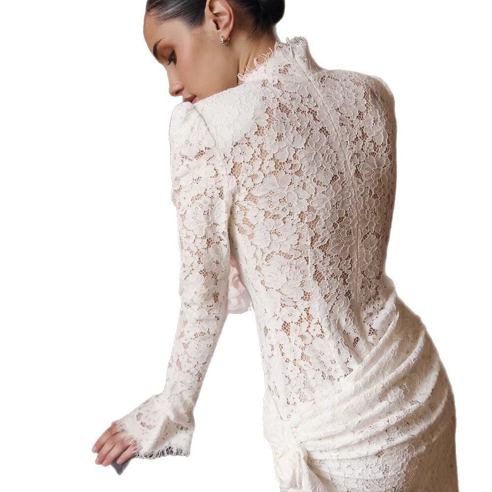 French Style Lace Bodycon Dress Long Sleeve Shoulder Pads Hollow Out Design Elegant Evening Wear Wholesale Available