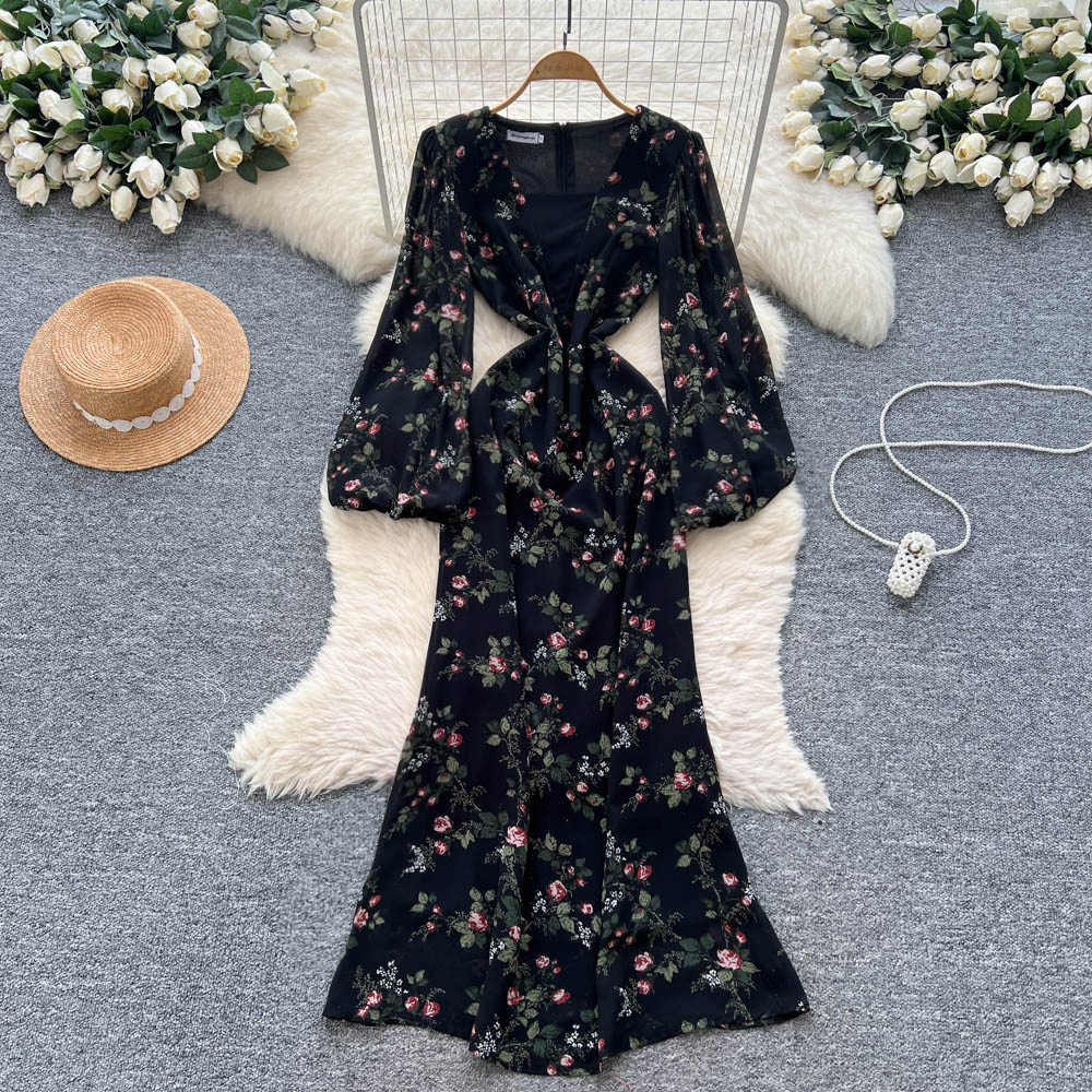 Elegant V Neck Floral Print Dress Lantern Sleeves Slim Fit Long Mermaid Style Perfect for Formal Occasions