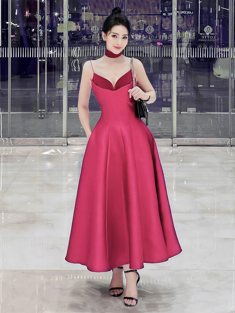Đầm maxi nữ thắt eo cổ chữ V không tay dáng chữ A — Hồng, Đen chi tiết 3
